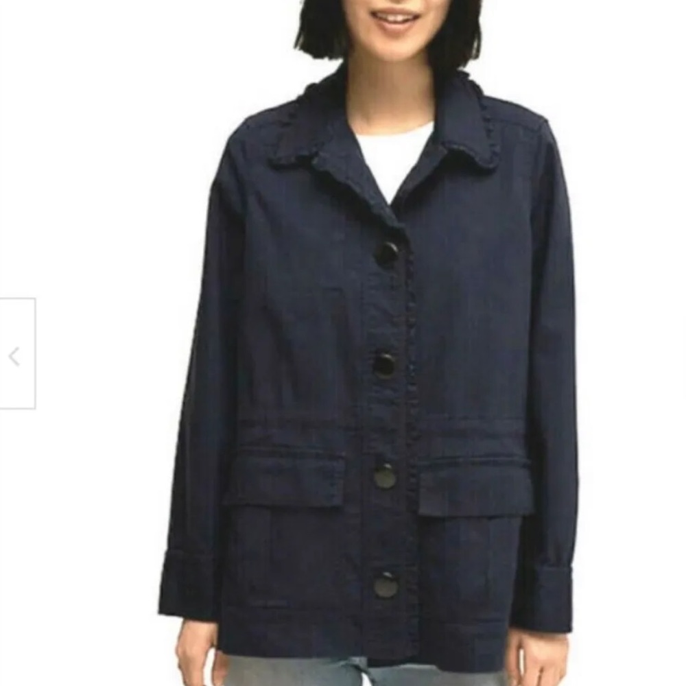 Kate Spade Broome Street Womens Ruffle Military Jacket Small Navy Blue Button